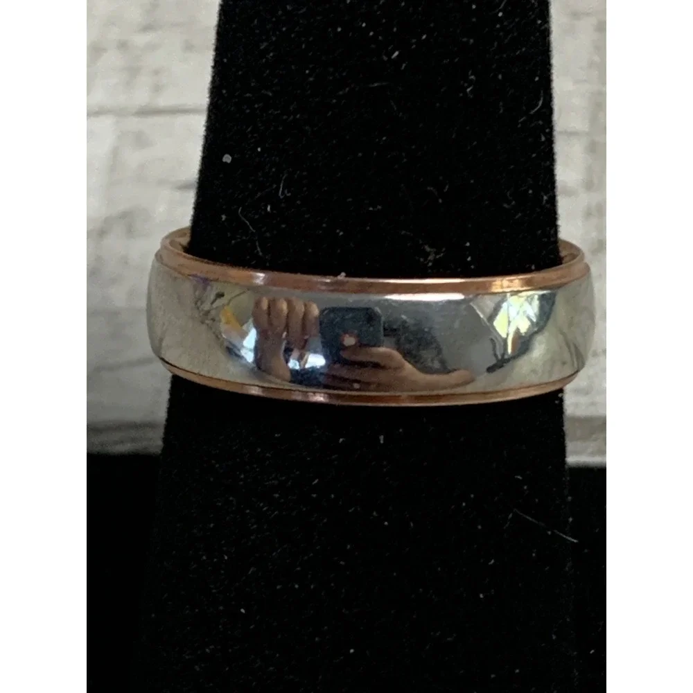 Two Tone Silver and Rose Gold Tone Comfort Fit Wedding Band Ring Size 8.25